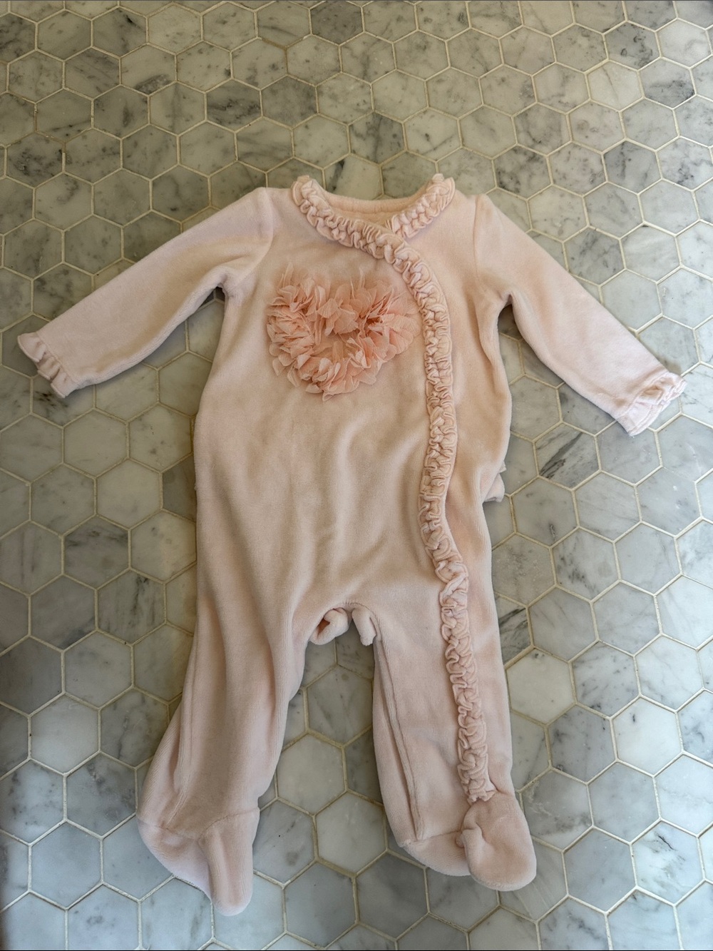 Bloomingdale's Pale Pink Floral Heart Ruffle Footed One-Piece